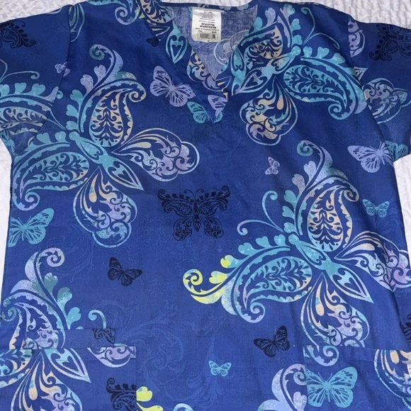 Scrub Tops Print Paisley Whimsy Floral Pattern Teal Royal Blue Brown Size Medium - Picture 10 of 14